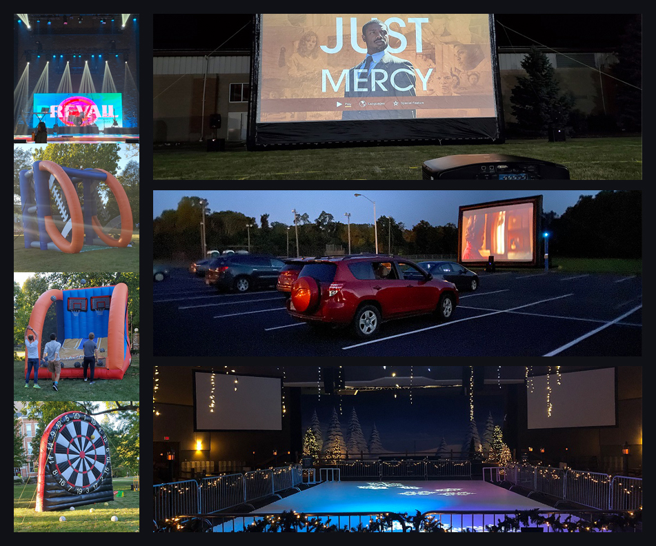 Collage Of Images Of Glozone Parties, Ice Skating Rink, And Services